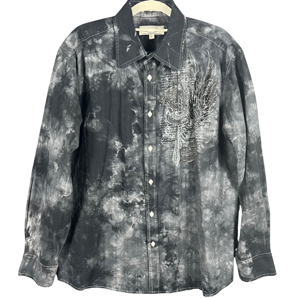 Eighty Eight Button Up Shirt Mens Large Grey Black Acid Wash Wing Cross Graphic